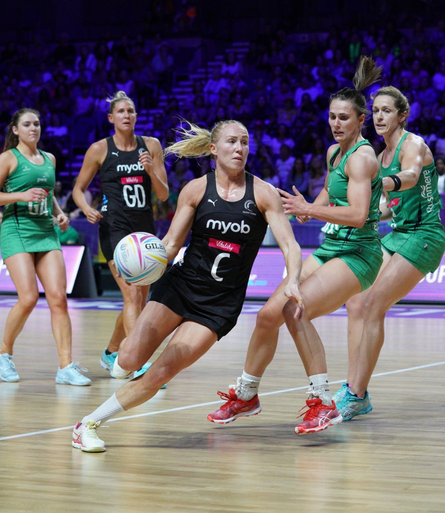 M&amp;S BANK ARENA, LIVERPOOL, UNITED KINGDOM - 2019/07/16: Laura Langman (NZ) in action during Vitality Netball World Cup 2019 at M&amp;S Bank Arena, Liverpool, United Kingdom.
New Zealand beat Ireland: 77-28. (Photo by Graham Glendinning/SOPA Images/LightRocket via Getty Images)